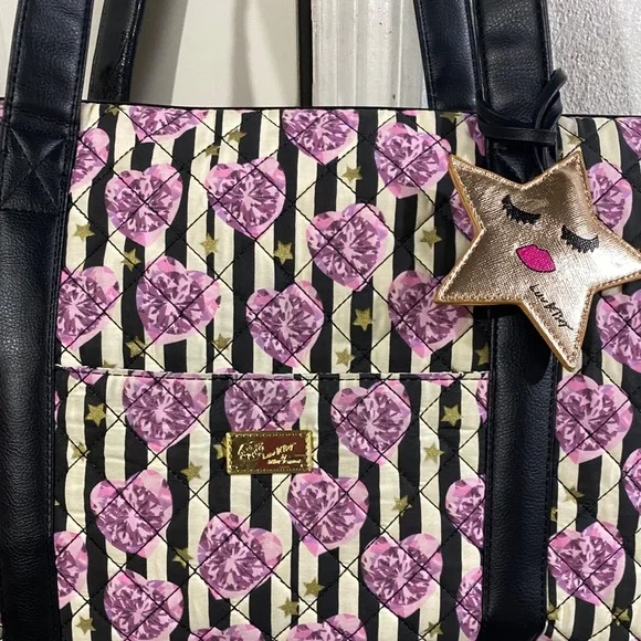 COPY - Betsy Johnson quilted black and white stripes with Purple Hearts weekend… Travel Bags